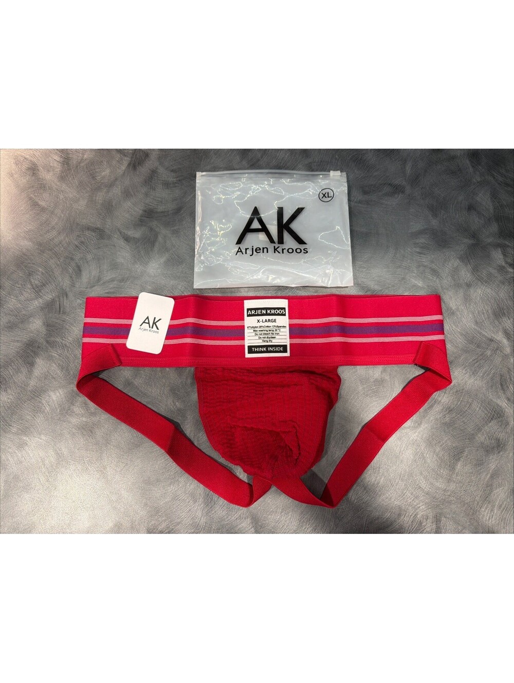 Arjen Kroos Men Red Gym Underwear Jockstrap Ribbed Pouch Striped Elastic Band XL